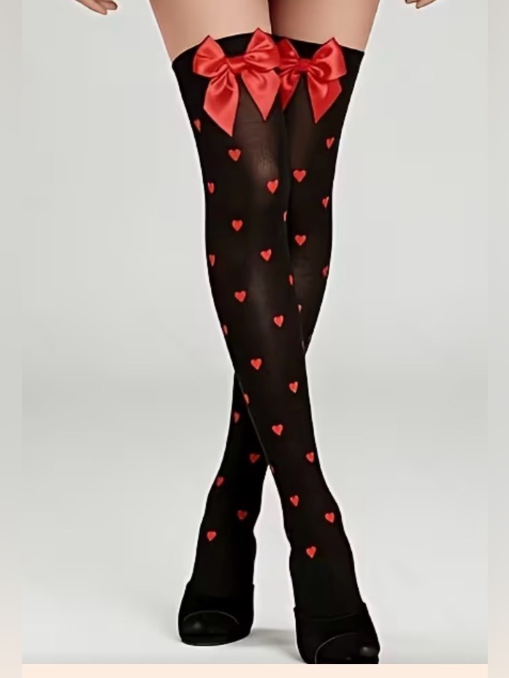 Red Heart-Print Black Thigh High Socks with Red Bow - Picture 5 of 7